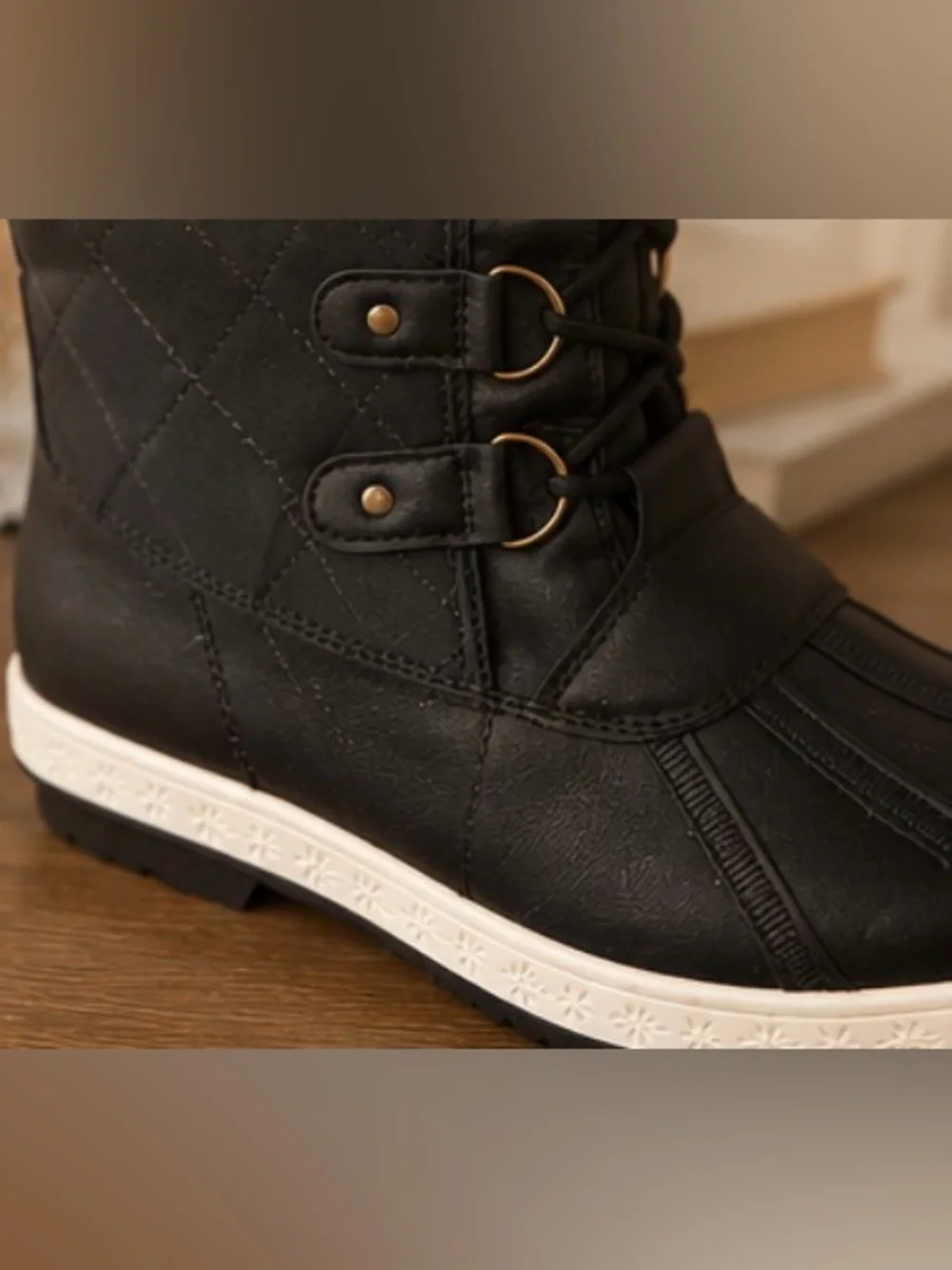 Women's Black Faux-Fur Top Lace-Up Winter Boots